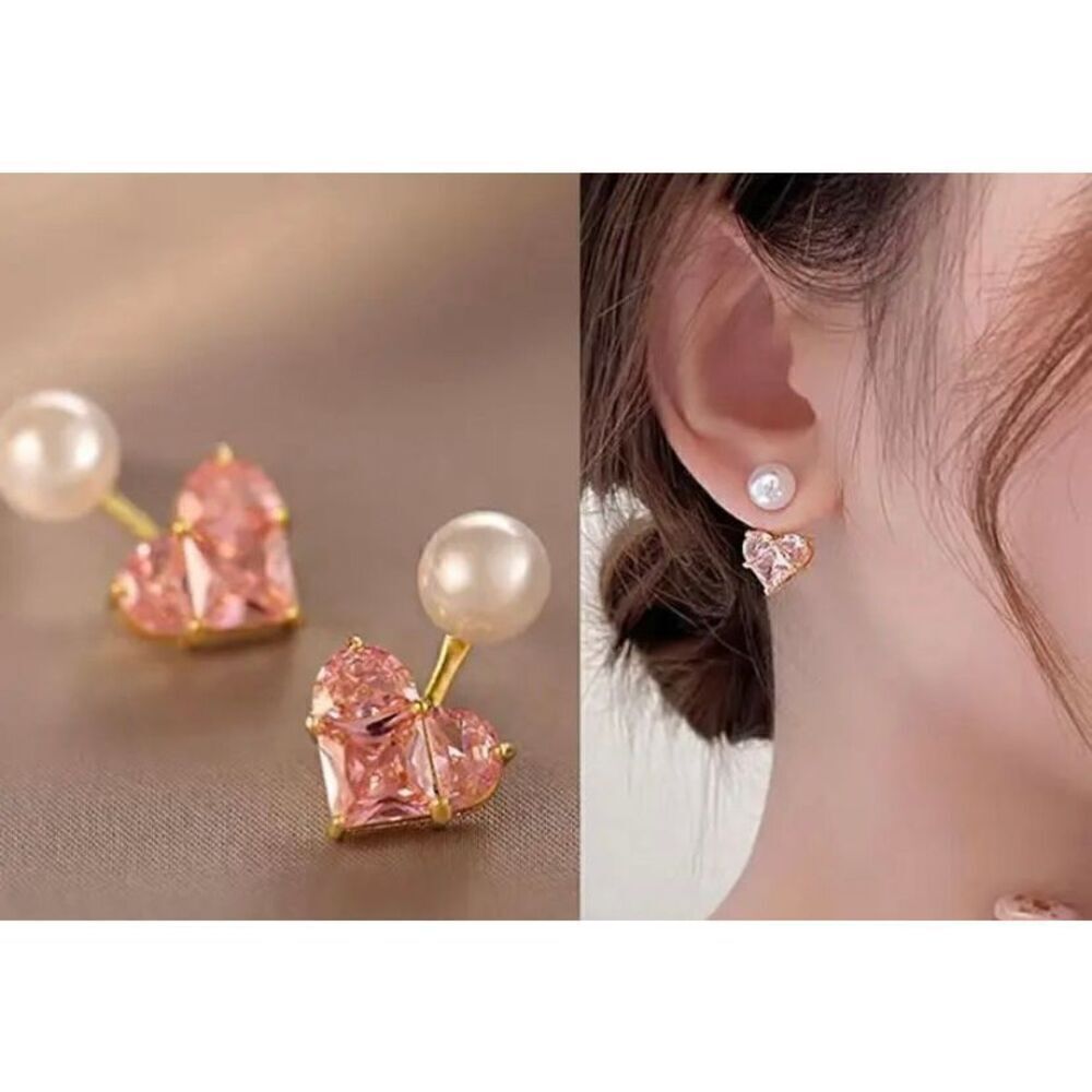 NWT Sparkling Heart Shaped Pink Cubic Zirconia Ear Jacket Faux Pearl Earrings